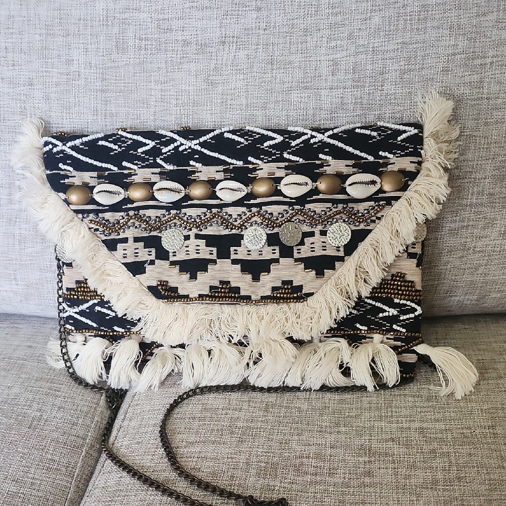 Bohemian Fringe Clutch Bag - Black and Cream